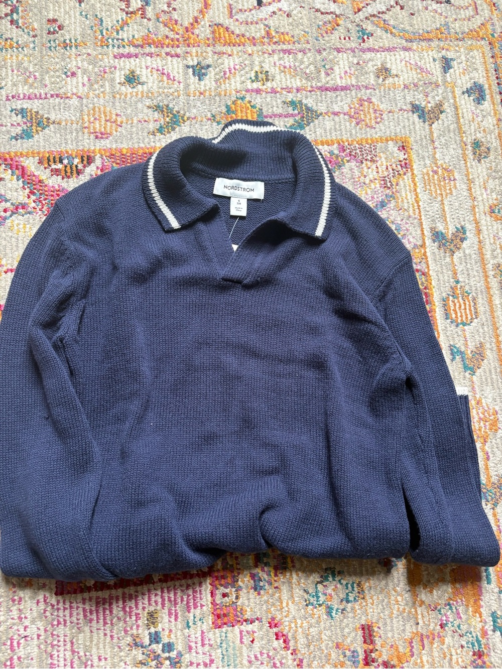 Nordstrom Boys Navy V-Neck Polo-Collar Sweater with White Trim